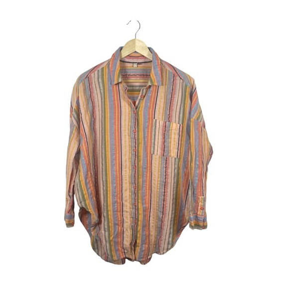 Anthropologie Pilcro Long-Sleeve Boyfriend Striped Shirt Rainbow Metallic L/XL - Picture 7 of 16